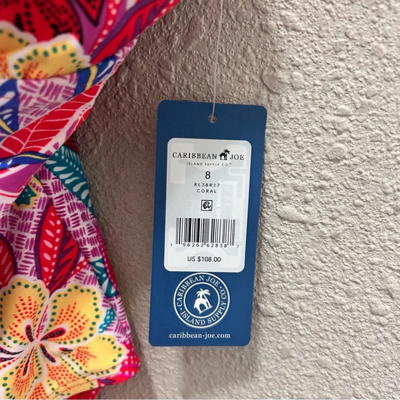 Caribbean Joe Coral/Red Floral Ruffle One Piece Swimsuit NWT 8 - Picture 6 of 9